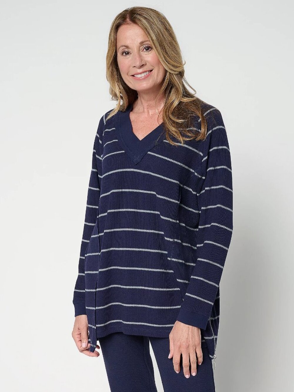Women with Control Jacquard Stripe Top, Blue Sz L a696619